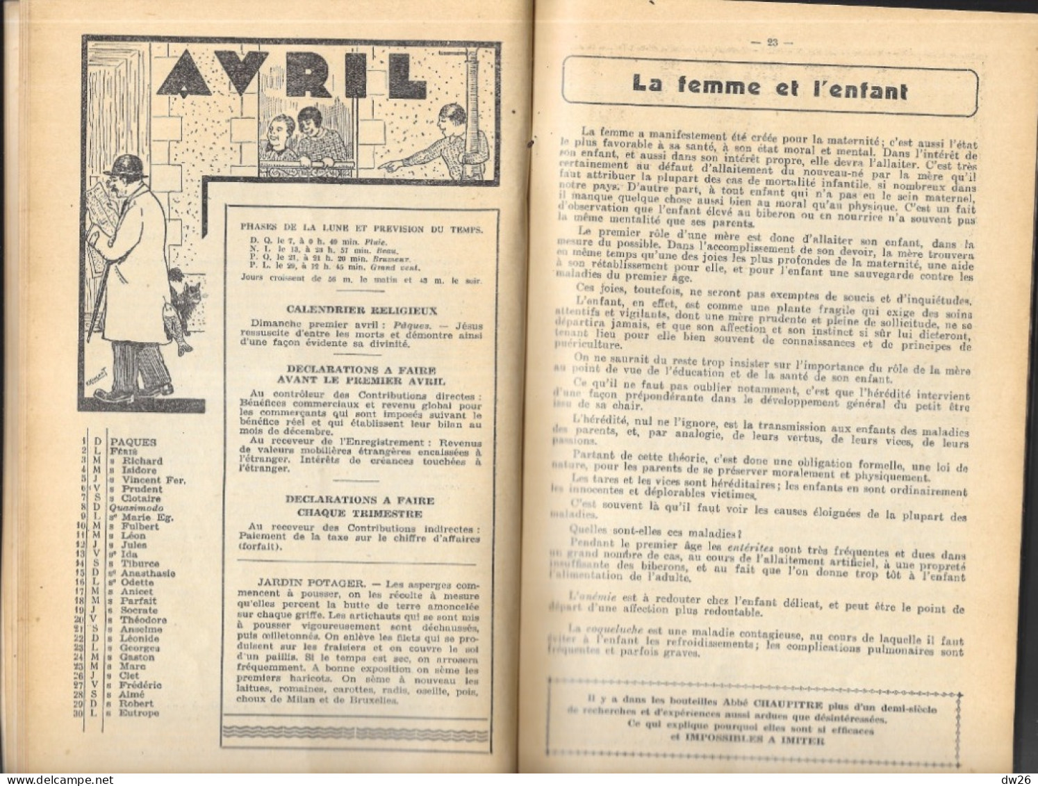 Almanach Abbé Chaupitre 1934 à L'Usage Des Bien Portants Et Des Malades - Conseils Soins, Hygiène, Recettes - Gezondheid