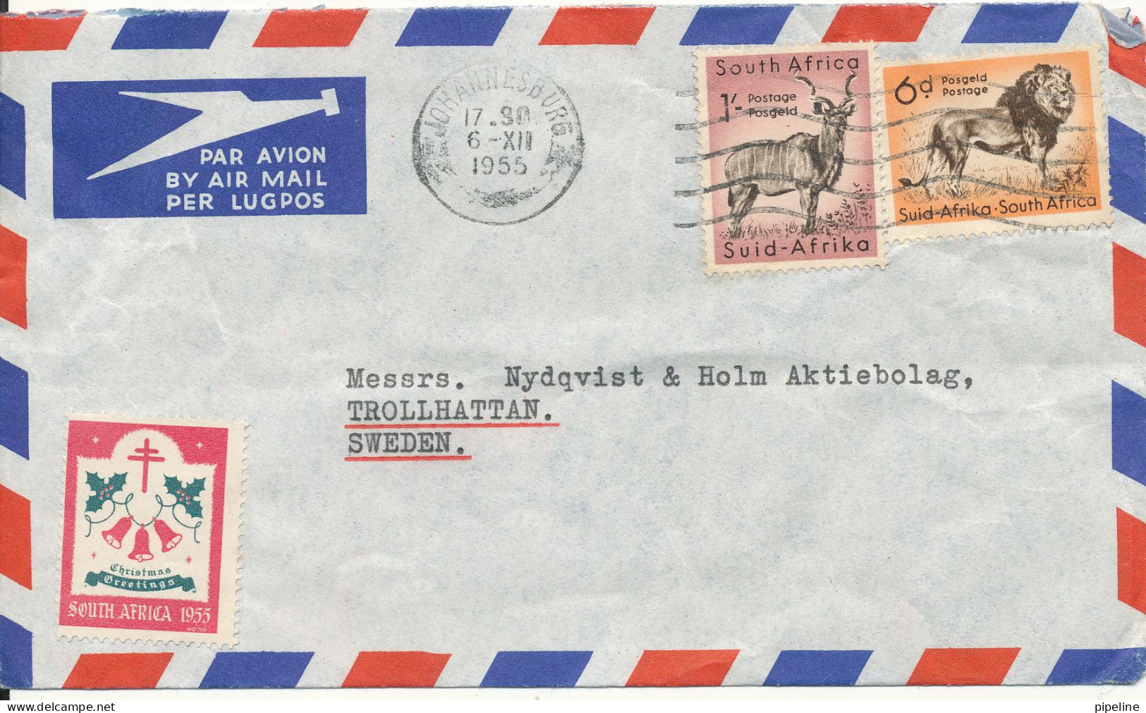 South Africa Air Mail Cover Sent To Sweden Johannesburg 6-12-1955 - Poste Aérienne