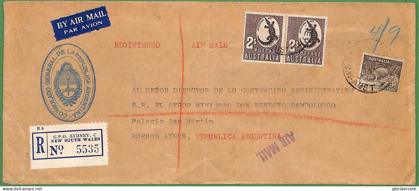 ZA1455 - AUSTRALIA - POSTAL HISTORY - Consular REGISTERED COVER To ARGENTINA 1950 - Briefe U. Dokumente