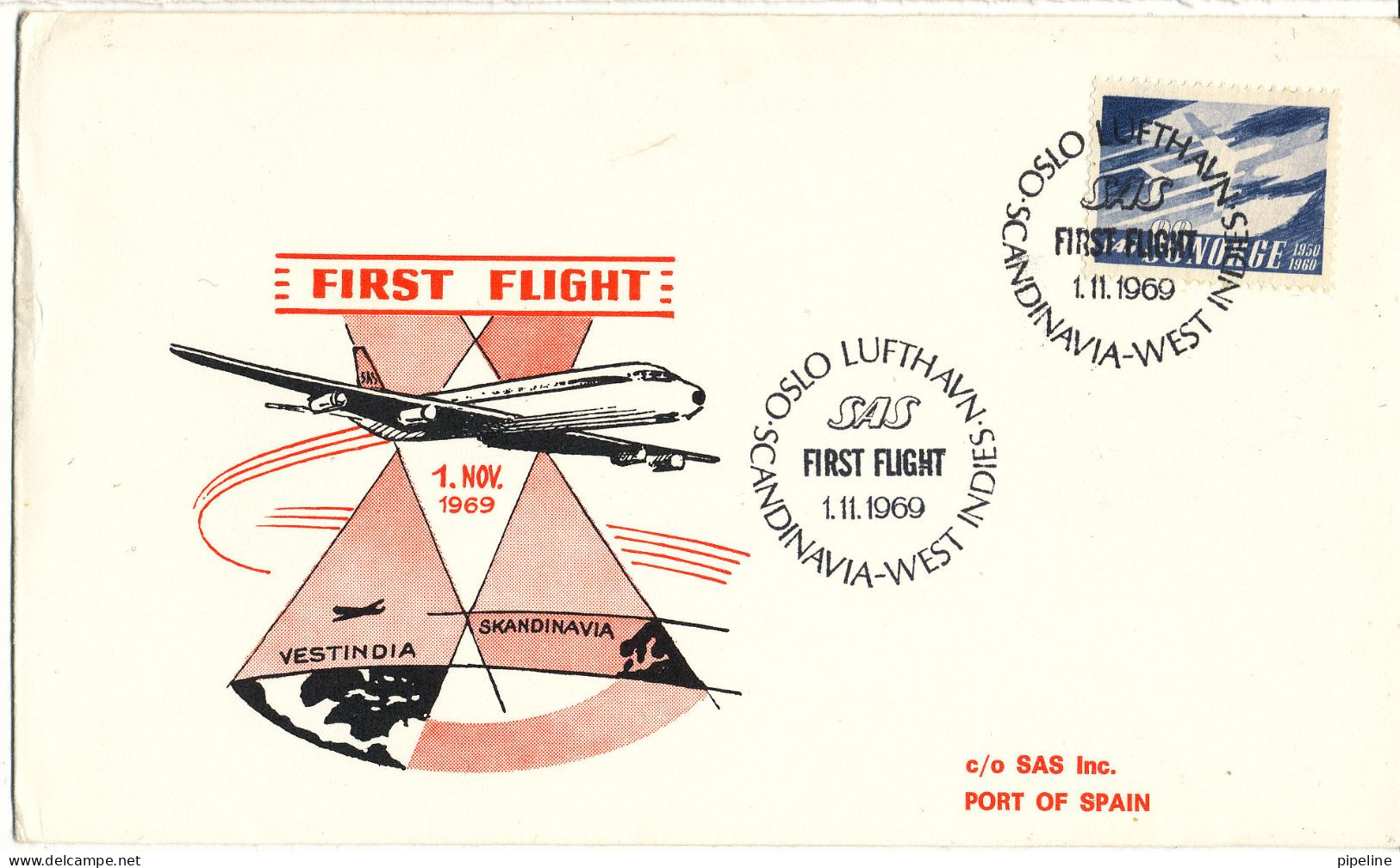 Norway SAS First Flight Scandinavia - West Indies Port Of Spain 1-11-1969 - Storia Postale