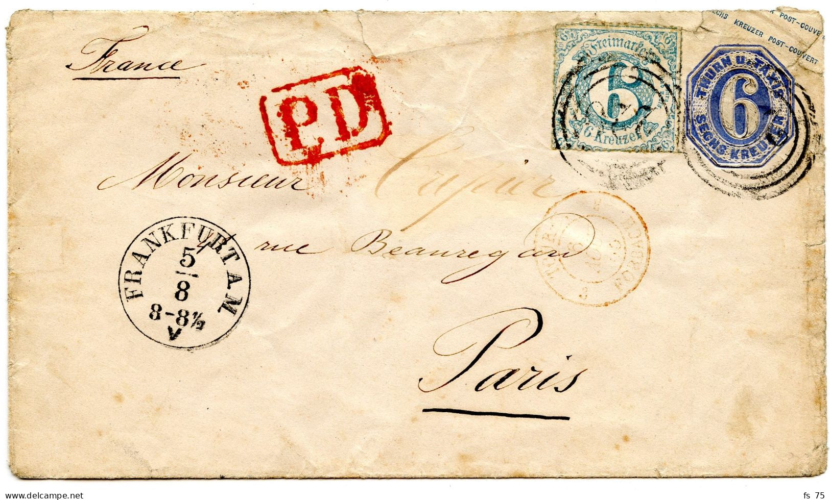 ALLEMAGNE - TOUR ET TAXIS - 6 KR SUR ENTIER 6 KR DE FRANCFORT POUR PARIS, 1865 - Lettres & Documents