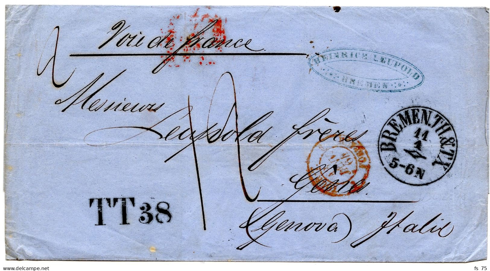 ALLEMAGNE - BREMEN.TH. & TX. + TT 38 SUR LETTRE PAR LA VOIE FRANCAISE POUR GENES, 1864 - Préphilatélie