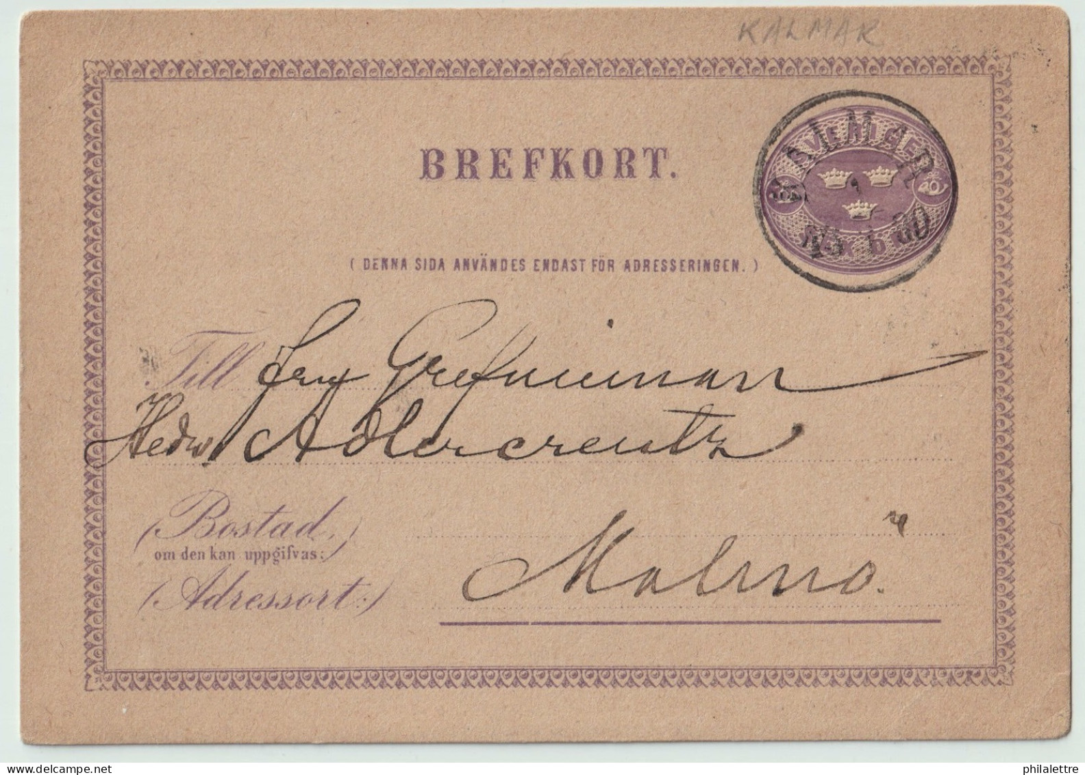 SUÈDE / SWEDEN - 1880 - "KALMAR" CDS On 6ö Postal Card Mi.P1.C.II Addressed To Malmö - Lettres & Documents