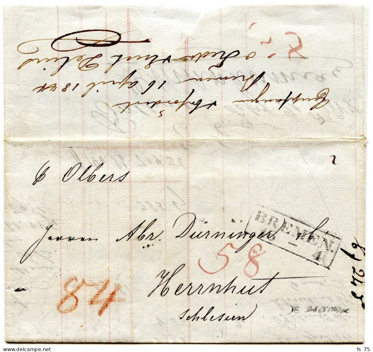 ALLEMAGNE - TRANSATLANTIC BREMEN + ACHEMINEUR SUR LETTRE DE BALTIMORE, 1844 - Vorphilatelie