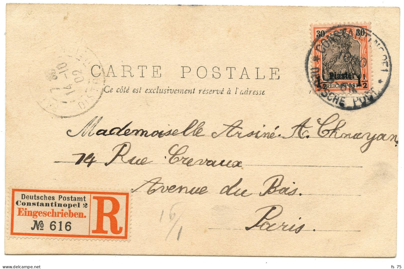 LEVANT ALLEMAND - 1P 1/2 SUR CARTE POSTALE RECOMMANDEE DE CONSTANTINOPLE POUR PARIS, 1902 - Turquia (oficinas)