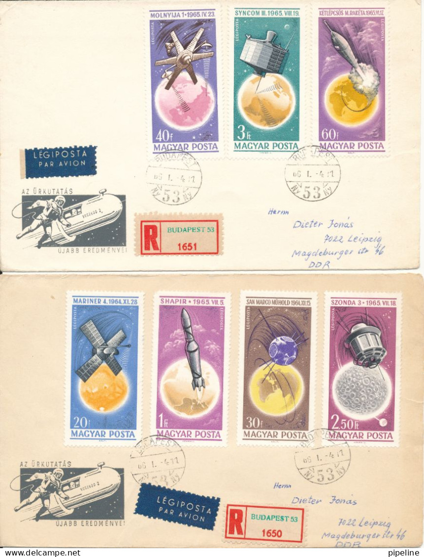 Hungary Registered Covers Sent To DDR 4-1-1966 With Complete Set Of 7 SPACE 1965 Stamps On 2 Covers With Cachet - Brieven En Documenten