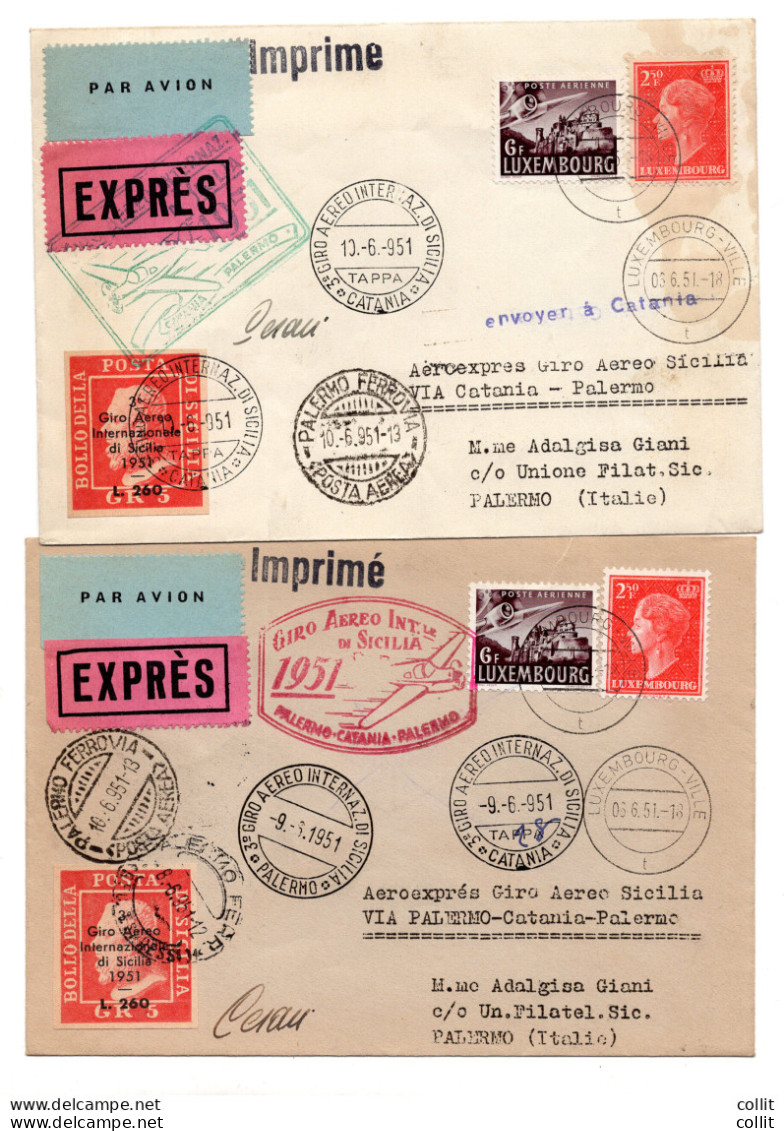 3° Giro Aereo Di Sicilia Del 9.6.51 (Luxemburg) - Due Aerogrammi - Airmail