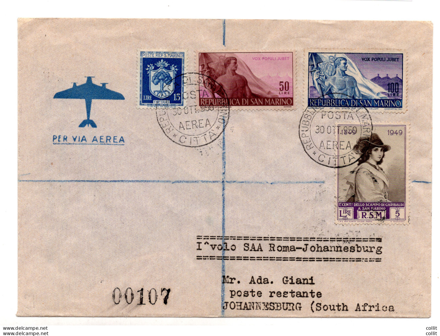 S.A.A. I° Volo (San Marino) Roma/Johannesburg Del 2.11.50 - Aerogramma - Luftpost