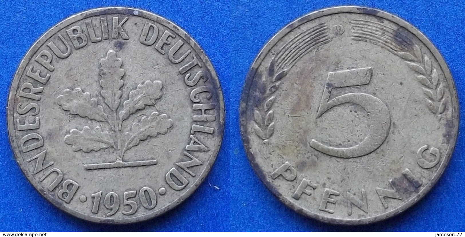GERMANY - 5 Pfennig 1950 D KM# 107 Federal Republic Mark Coinage (1946-2002) - Edelweiss Coins - 5 Pfennig