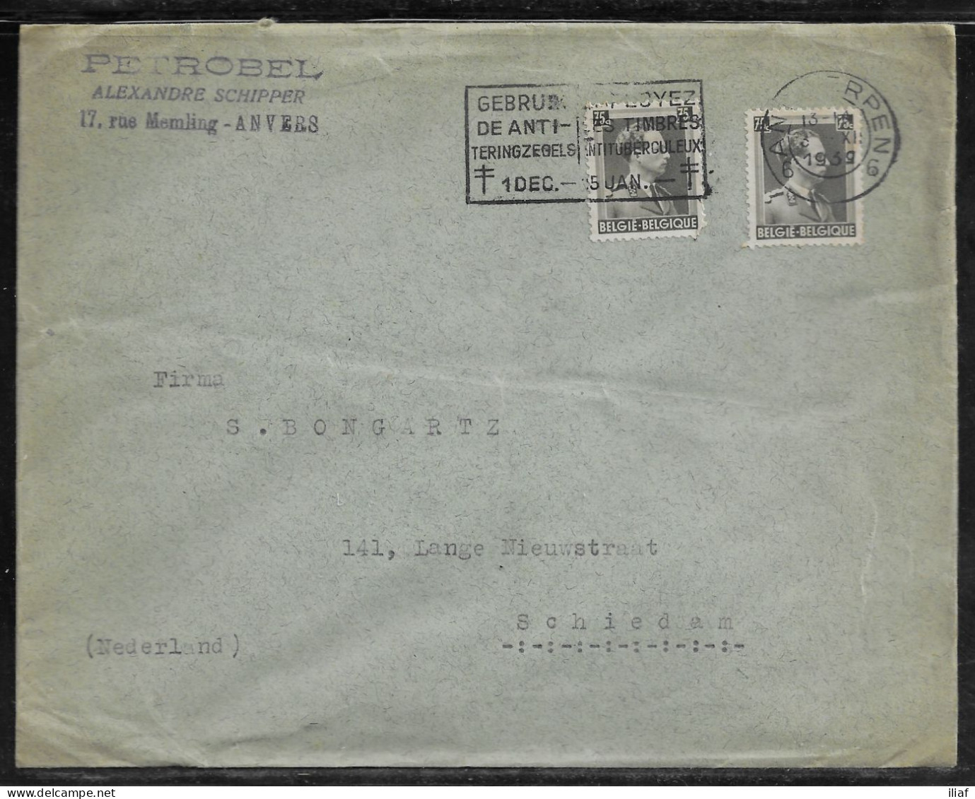 Belgium. Stamp Sc. 310 On Commercial Letter, Sent From Anvers On 3.12.1939 For Schiedam Netherlands - 1936-1957 Offener Kragen