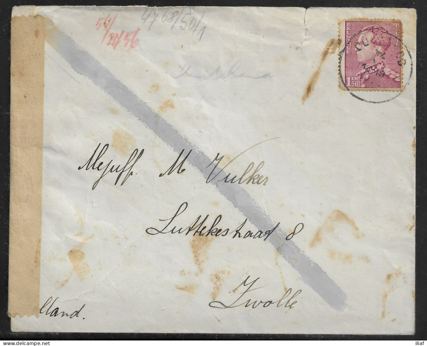 Belgium. Stamps Sc. 294 On Commercial Letter, Opened By CENSOR 52 Sent From Diest On 2.12.1939 For Zwolle Netherlands - 1936-1951 Poortman