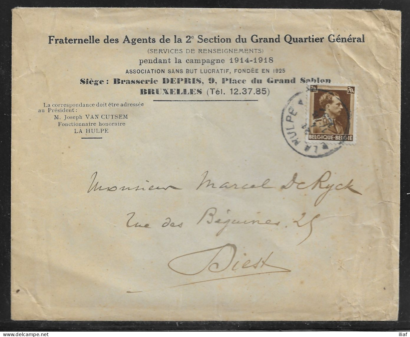 Belgium. Stamp Sc. 283 On Commercial Letter, Sent From La Hulpe On 17.08.1937 For Diest Belgium - 1936-1957 Offener Kragen