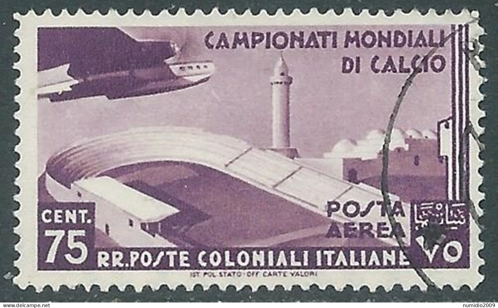 1934 EMISSIONI GENERALI POSTA AEREA USATO MONDIALI DI CALCIO 75 CENT - RA6-4 - Emissioni Generali