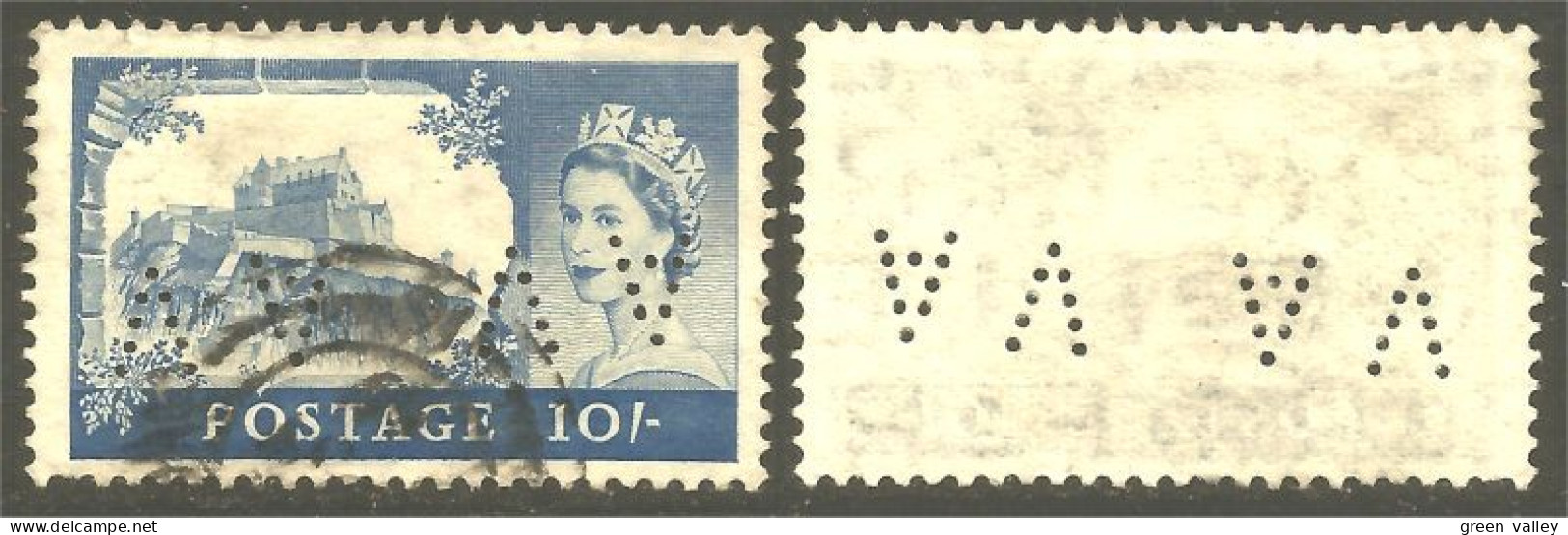 410 G-B 1955 Queen Elizabeth 10sh Edinburgh Castle Perf 11x12 Private Perf AV Upside Down (GB-265) - Perfins