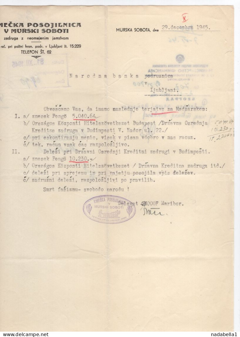 1945. YUGOSLAVIA,SLOVENIA,MURSKA SOBOTA,FARM LOAN COMPANY,CLAIMS FROM ABROAD,HUNGARY,LETTER NATIONAL BANK IN BELGRADE - Verenigd-Koninkrijk