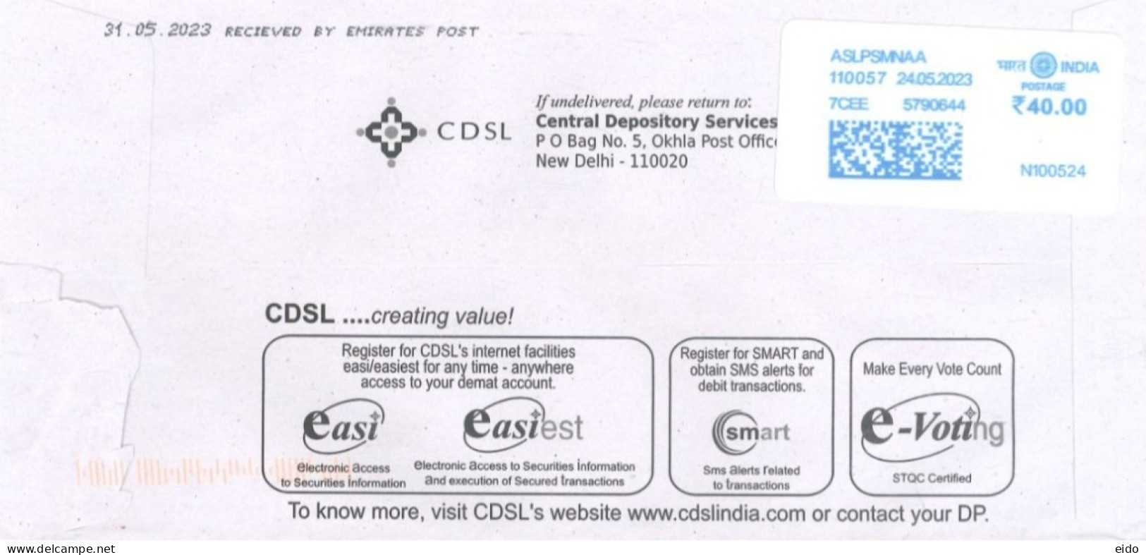 INDIA - 2023, POSTAL FRANKING MACHINE LABEL COVER TO DUBAI. - Brieven En Documenten