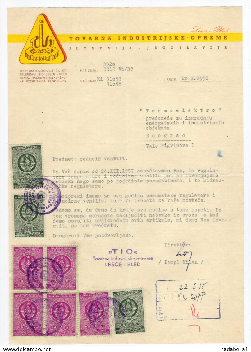 1958. YUGOSLAVIA,SLOVENIA,LESCE,BLED,TIO,TOVARNA IND. OPREME,LETTERHEAD,LETTER TO BELGRADE,8 REVENUE,TAX STAMPS - Cartas & Documentos