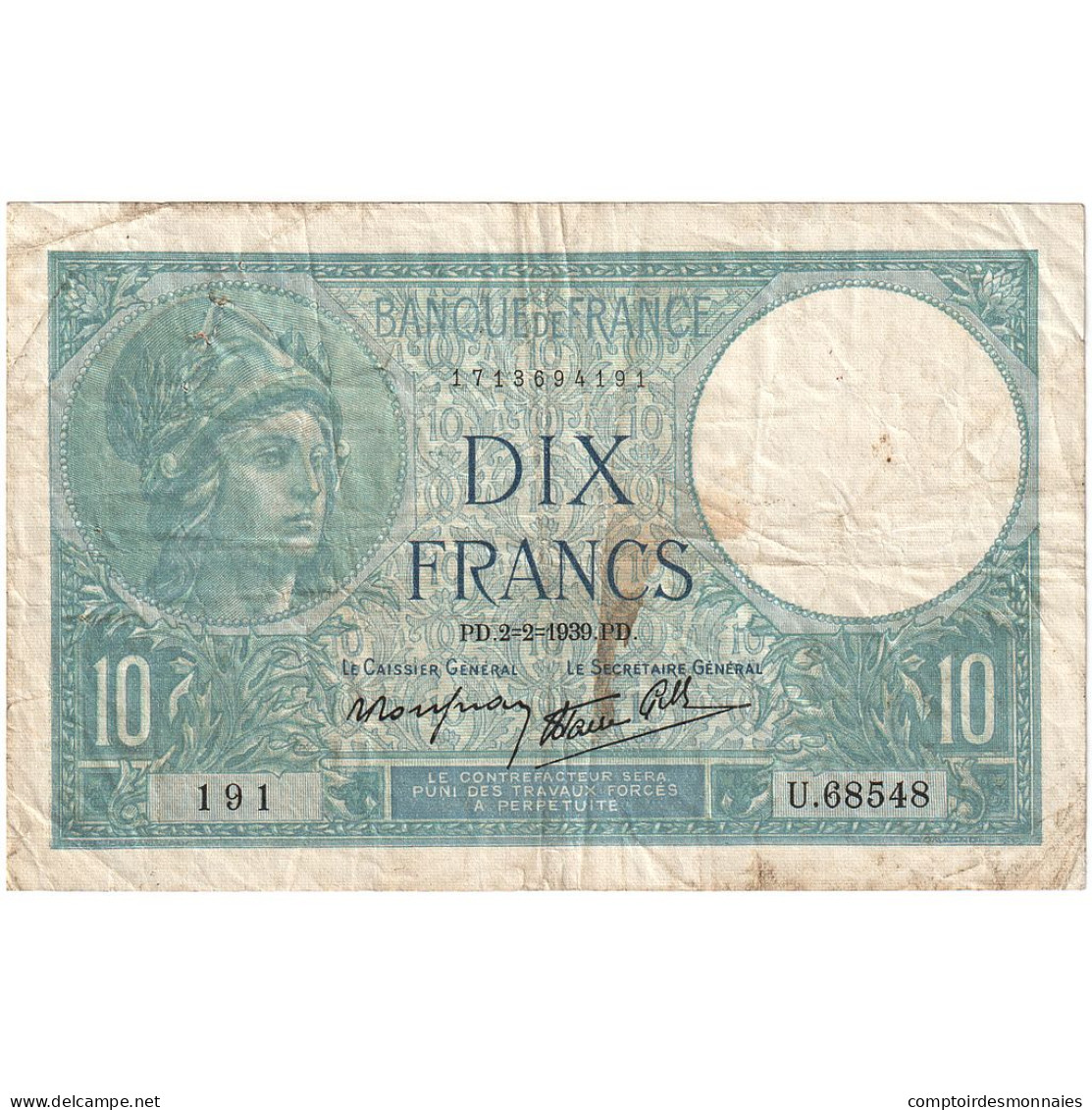 France, 10 Francs, Minerve, 1939, U.68548, TB, Fayette:07.01, KM:84 - 10 F 1916-1942 ''Minerve''