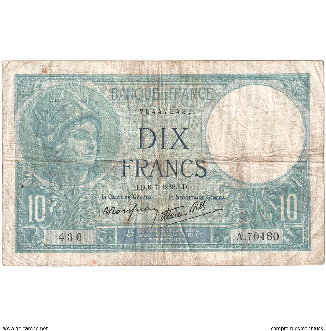 France, 10 Francs, Minerve, 1939, A.70180, TB, Fayette:07.04, KM:84 - 10 F 1916-1942 ''Minerve''