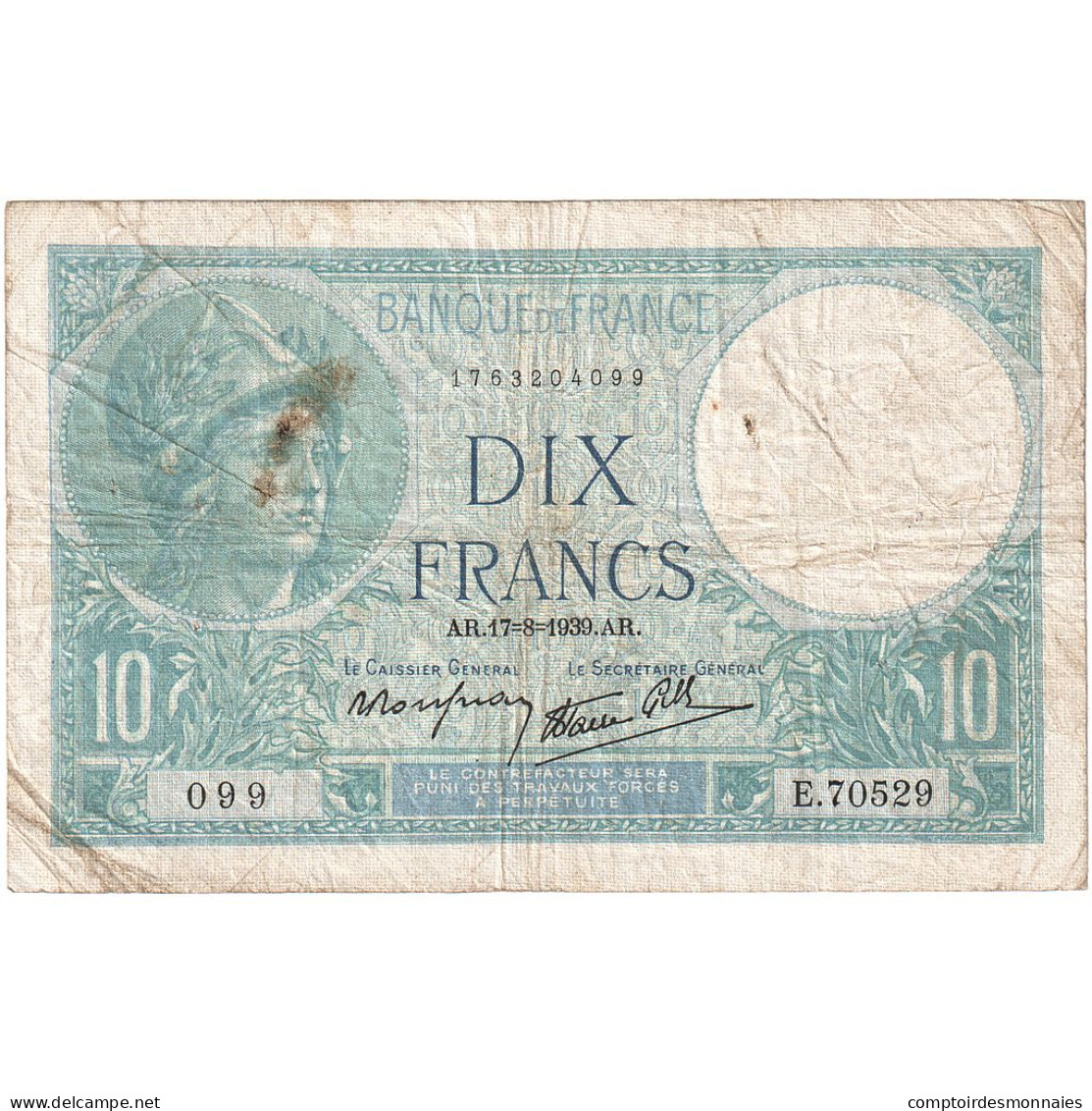 France, 10 Francs, Minerve, 1939, E.70529, TB, Fayette:07.05, KM:84 - 10 F 1916-1942 ''Minerve''