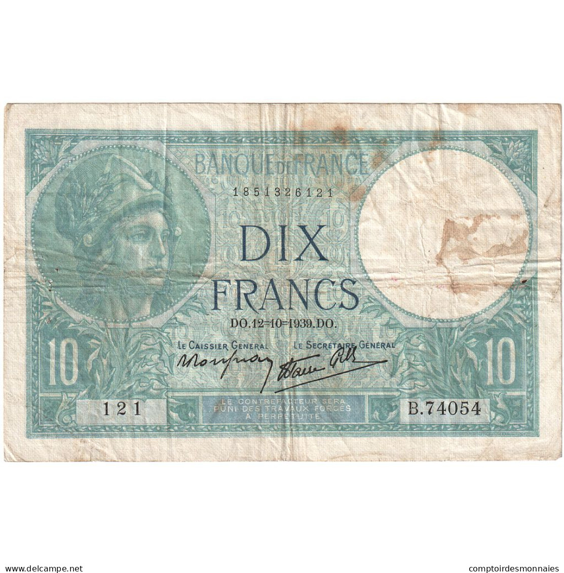 France, 10 Francs, Minerve, 1939, B.74054, TB, Fayette:07.11, KM:84 - 10 F 1916-1942 ''Minerve''