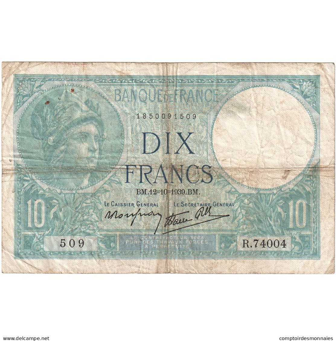 France, 10 Francs, Minerve, 1939, R.74004, TB, Fayette:07.11, KM:84 - 10 F 1916-1942 ''Minerve''