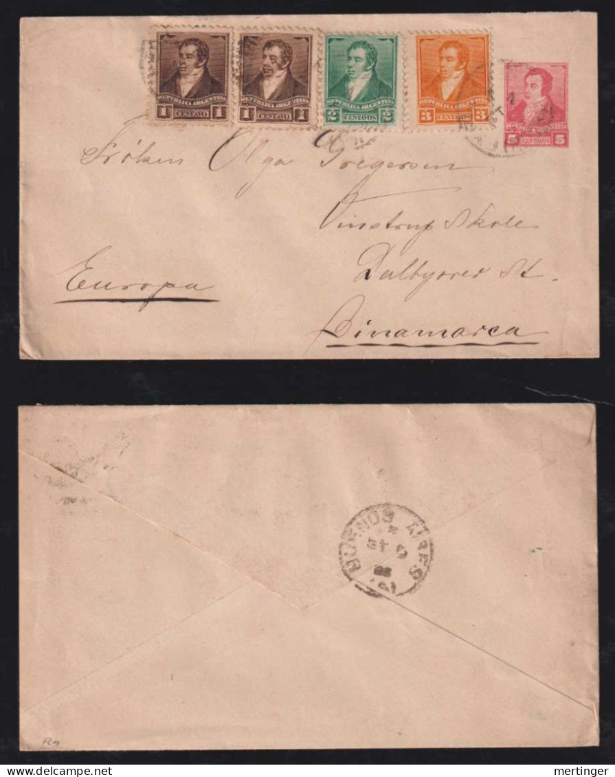 Argentina 1896 Uprated Stationery Envelope To DENMARK 4 Color Franking - Lettres & Documents