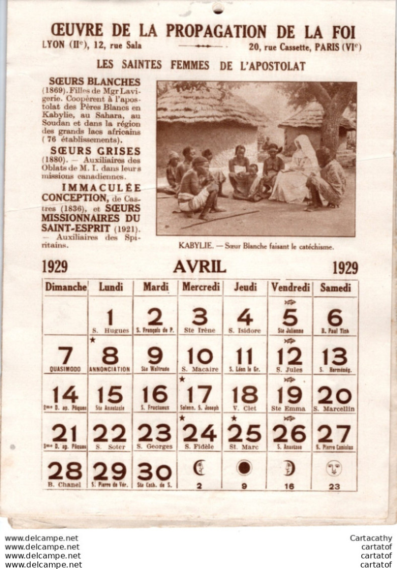 Oeuvre de la Propagation de la Foi .  Calendrier 1929 . Les Saintes Femmes de l'Apostolat . Les Missions Catholiques ...