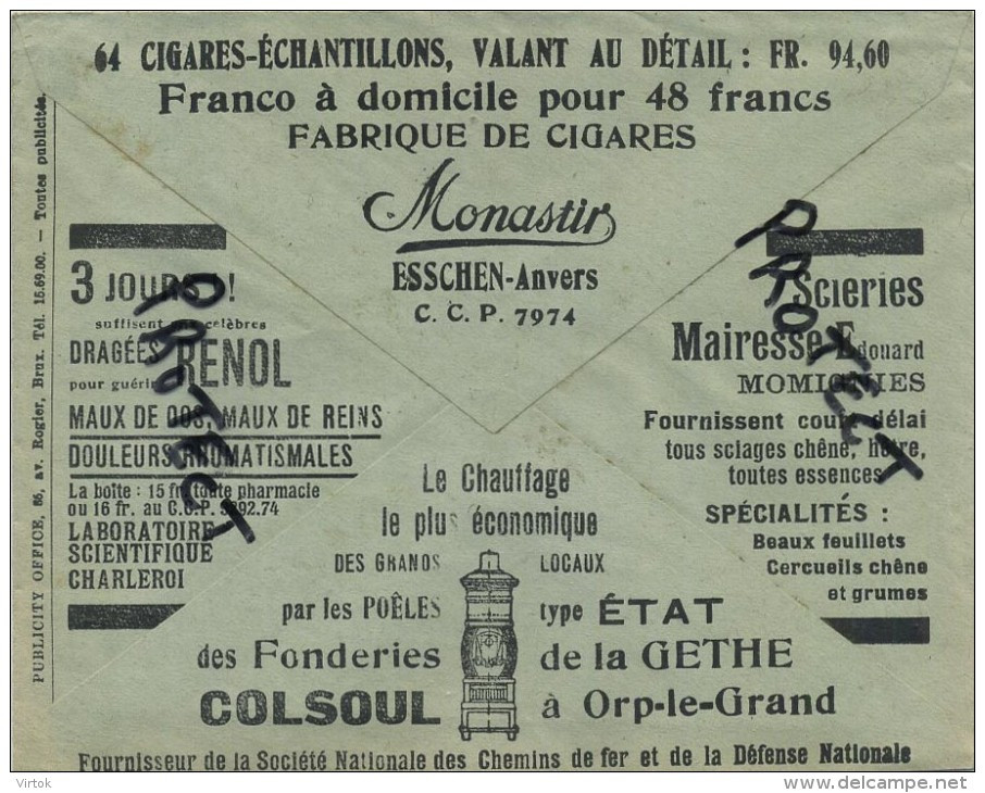 Old Envelope With Publicité 1935:Essen Anvers : Cigares Monastir /Opr-le-Grand :Chauffage Colsoul / Momignies Scieries - Covers