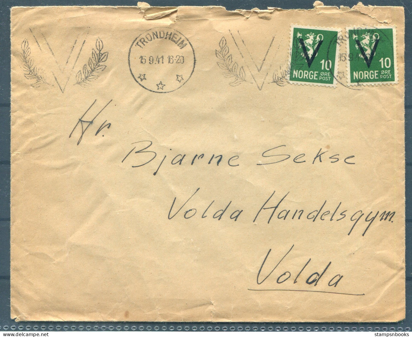 1941 Norway Trondheim 10ore "V" Overprint Cover - Volda - Brieven En Documenten