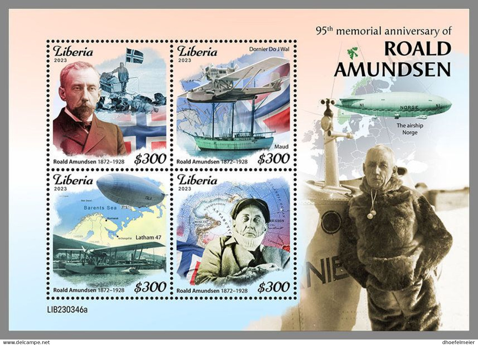 LIBERIA 2023 MNH Roald Amundsen Polarforscher M/S – IMPERFORATED – DHQ2411 - Polarforscher & Promis