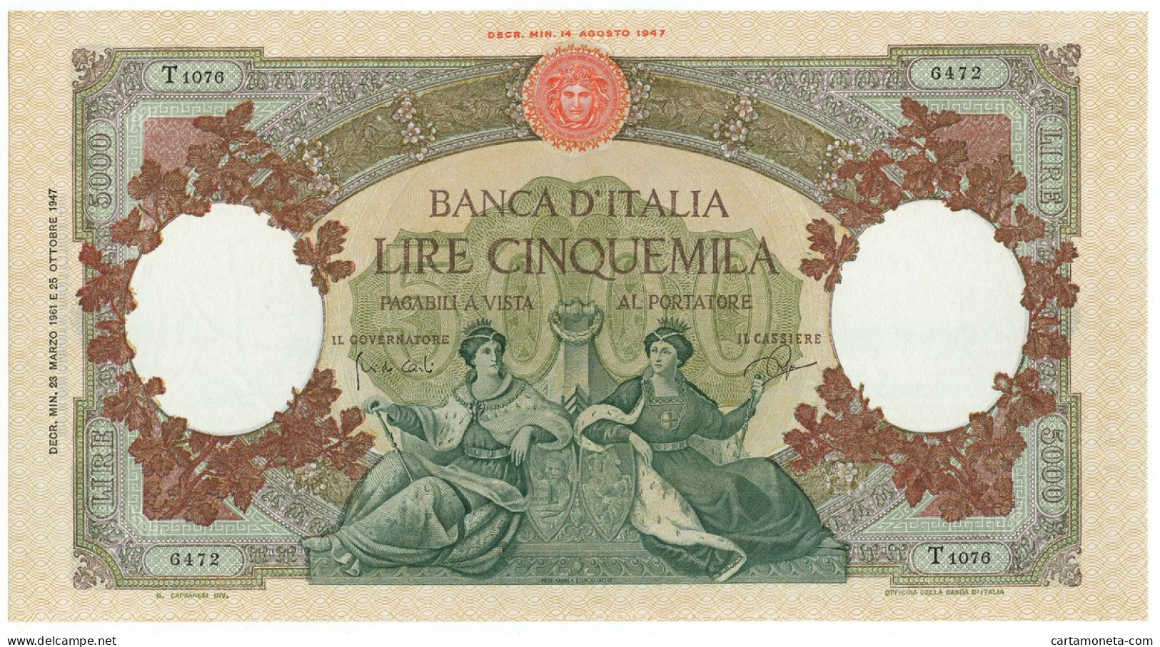 5000 LIRE CAPRANESI REPUBBLICHE MARINARE REGINE MARE MEDUSA 23/03/1961 SPL+ - Andere & Zonder Classificatie