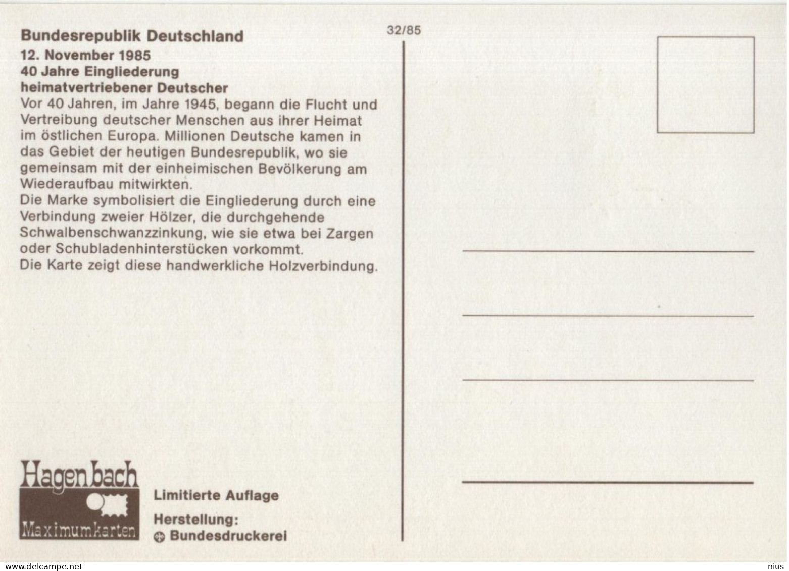 Germany Deutschland 1985 Maximum Card, 40 Jahre Eingliederung Heimatvertriebener Deutscher, Canceled In Bonn - 1981-2000