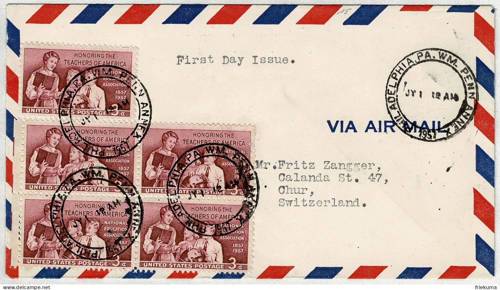 Vereinigte Staaten / USA 1957, Brief Ersttag Honoring The Teachers Of America Air Mail Philadelphia - Chur (Schweiz) - Briefe U. Dokumente