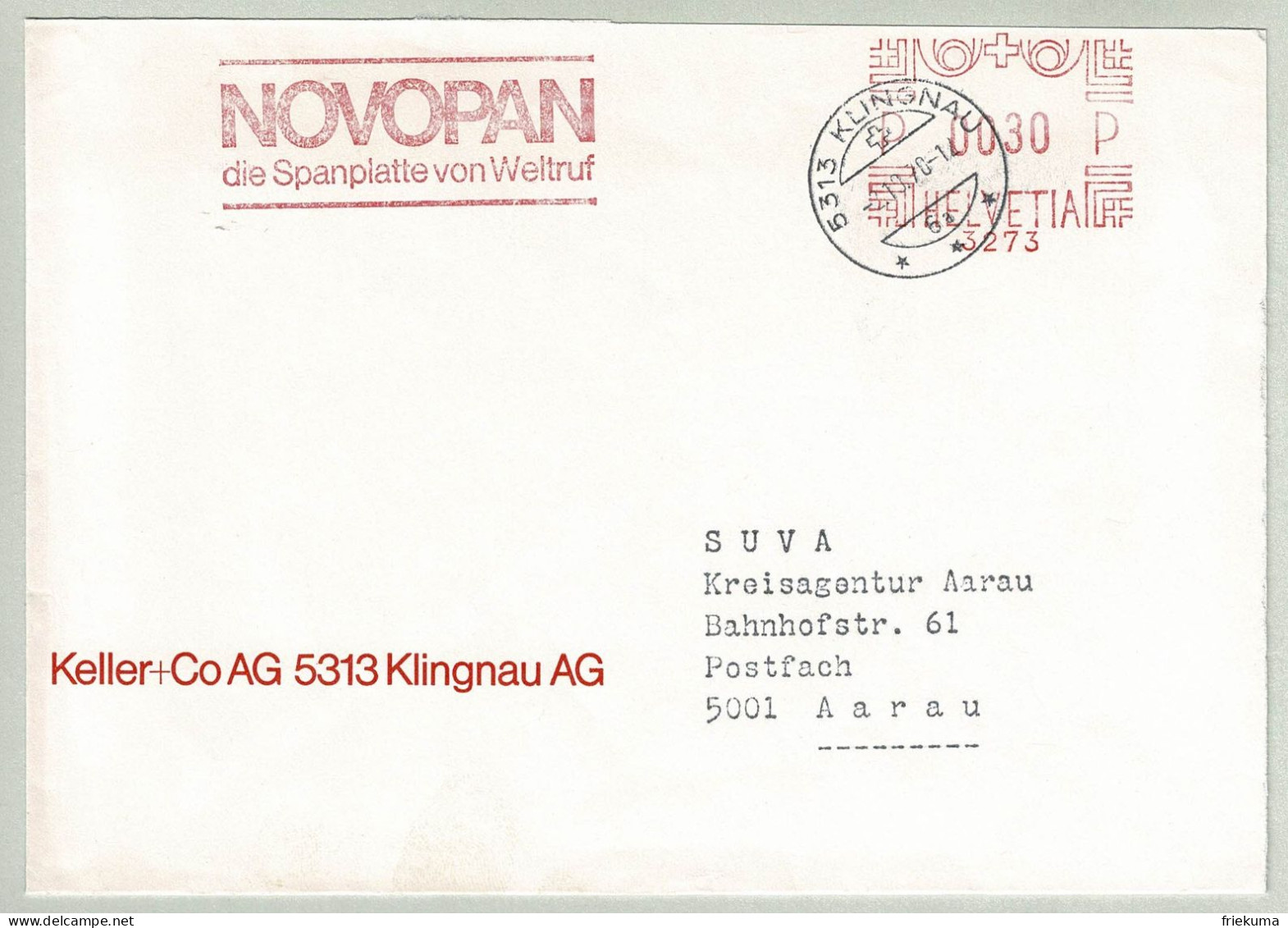 Schweiz / Helvetia 1970, Brief Freistempel / EMA / Meterstamp Keller+Co Klingnau - Aarau, Spanplatte Novopan - Usines & Industries