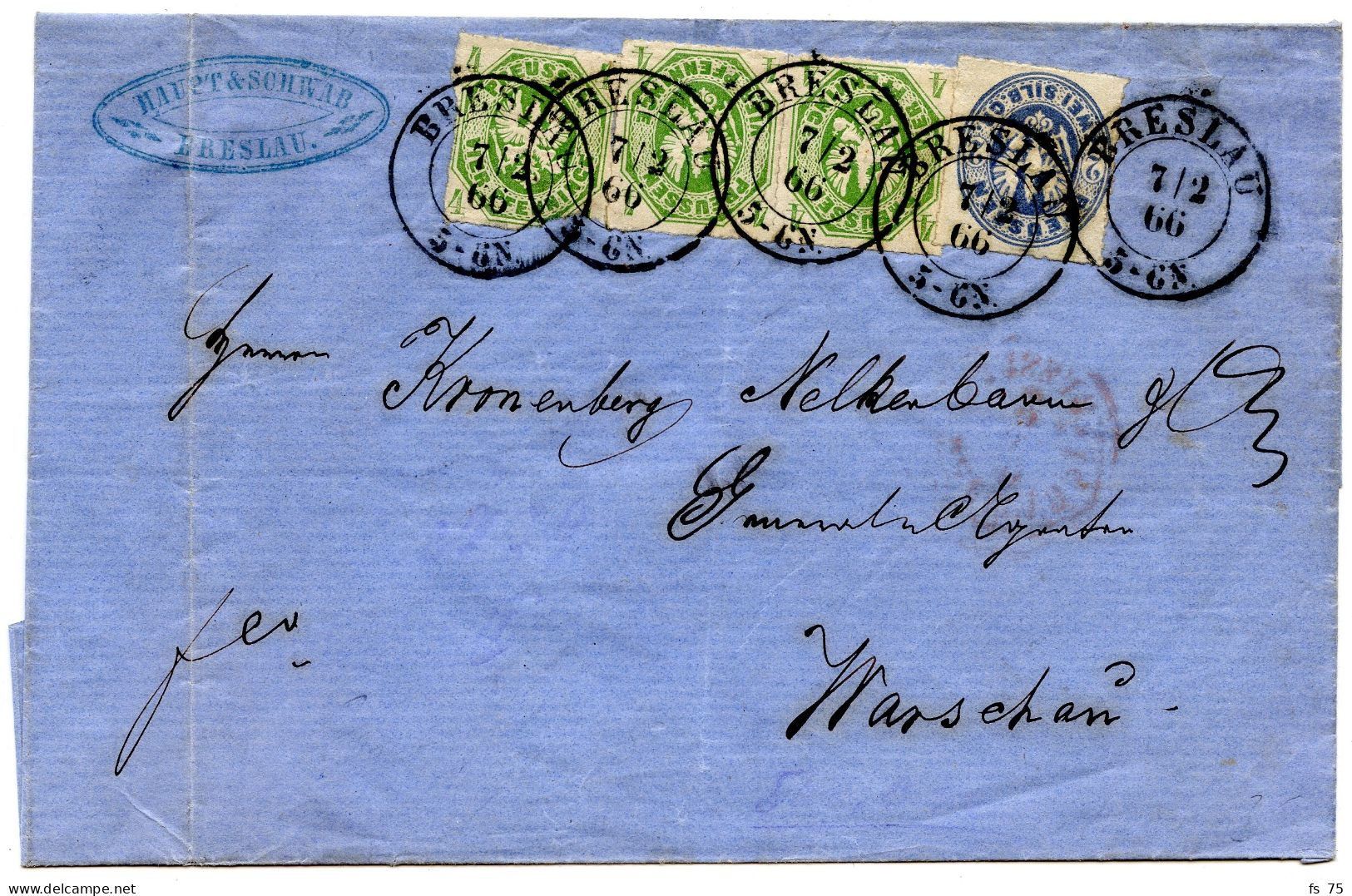 ALLEMAGNE - 2 SILB + 4 PFG. X3 SUR LETTRE DE BRESLAU POUR VARSOVIE, 1866 - Lettres & Documents