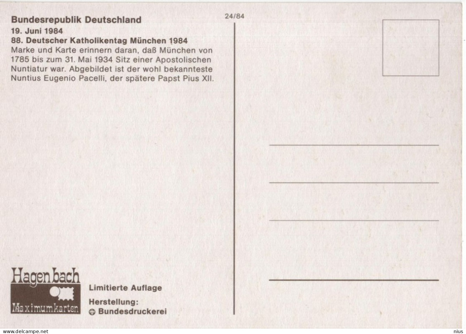 Germany Deutschland 1984 Maximum Card, Deutscher Katholikentag Munchen, Eugenio Pacelli Papst Pius XIL Pope Papa, Bonn - 1981-2000