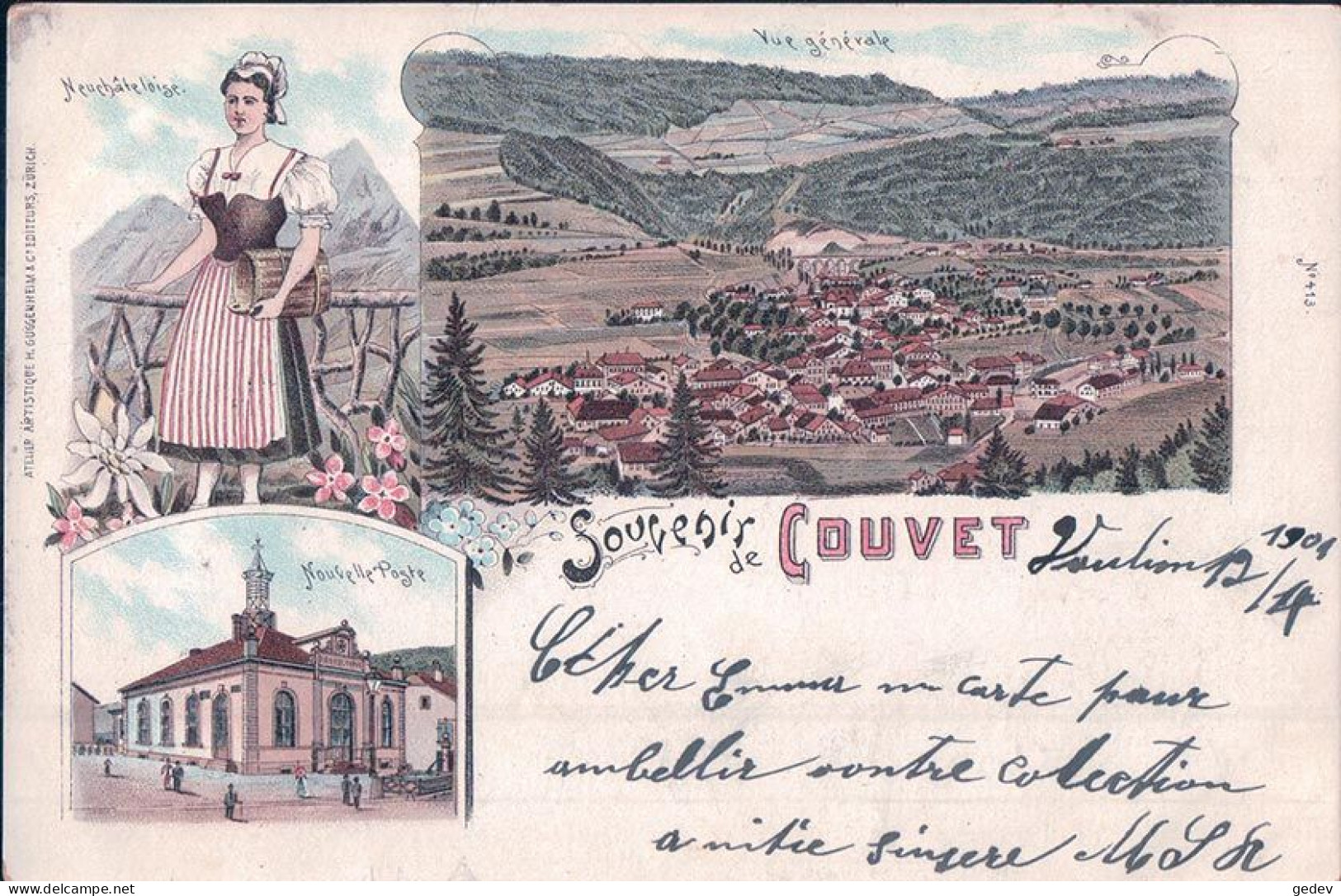 Souvenir De Couvet NE,  Nouvelle Poste Et Costume, 3 Vues, Litho Couleur (13.4.19103) - Couvet