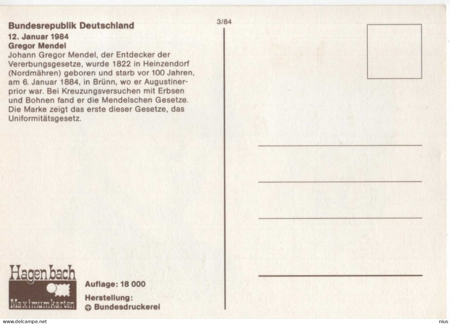 Germany Deutschland 1984 Maximum Card, Gregor Mendel, Biologist Meteorologist Mathematician, Canceled In Bonn - 1981-2000