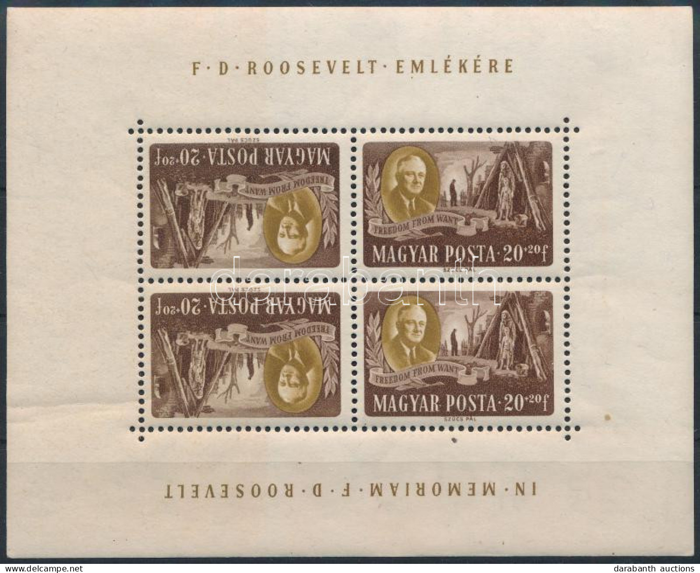 ** 1947 Roosevelt 20+20f Fordított Képállású Kisív (ráncok / Creases) (22.500) - Autres & Non Classés