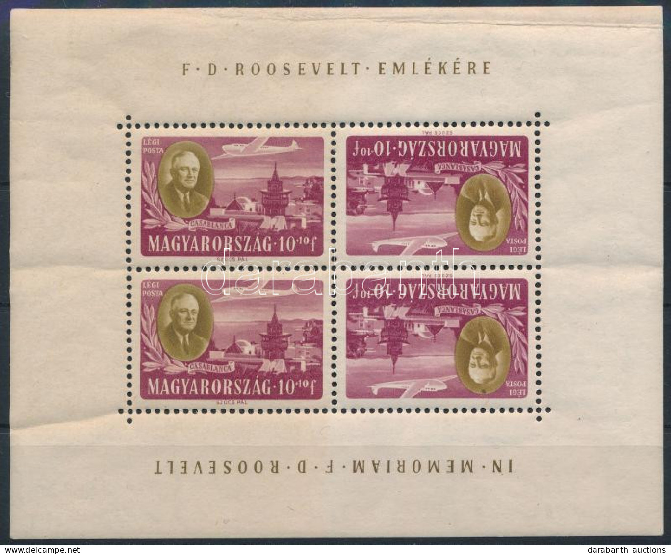 ** 1947 Roosevelt 10+10f Fordított Képállású Kisív (ráncok / Creases) (22.500) - Autres & Non Classés