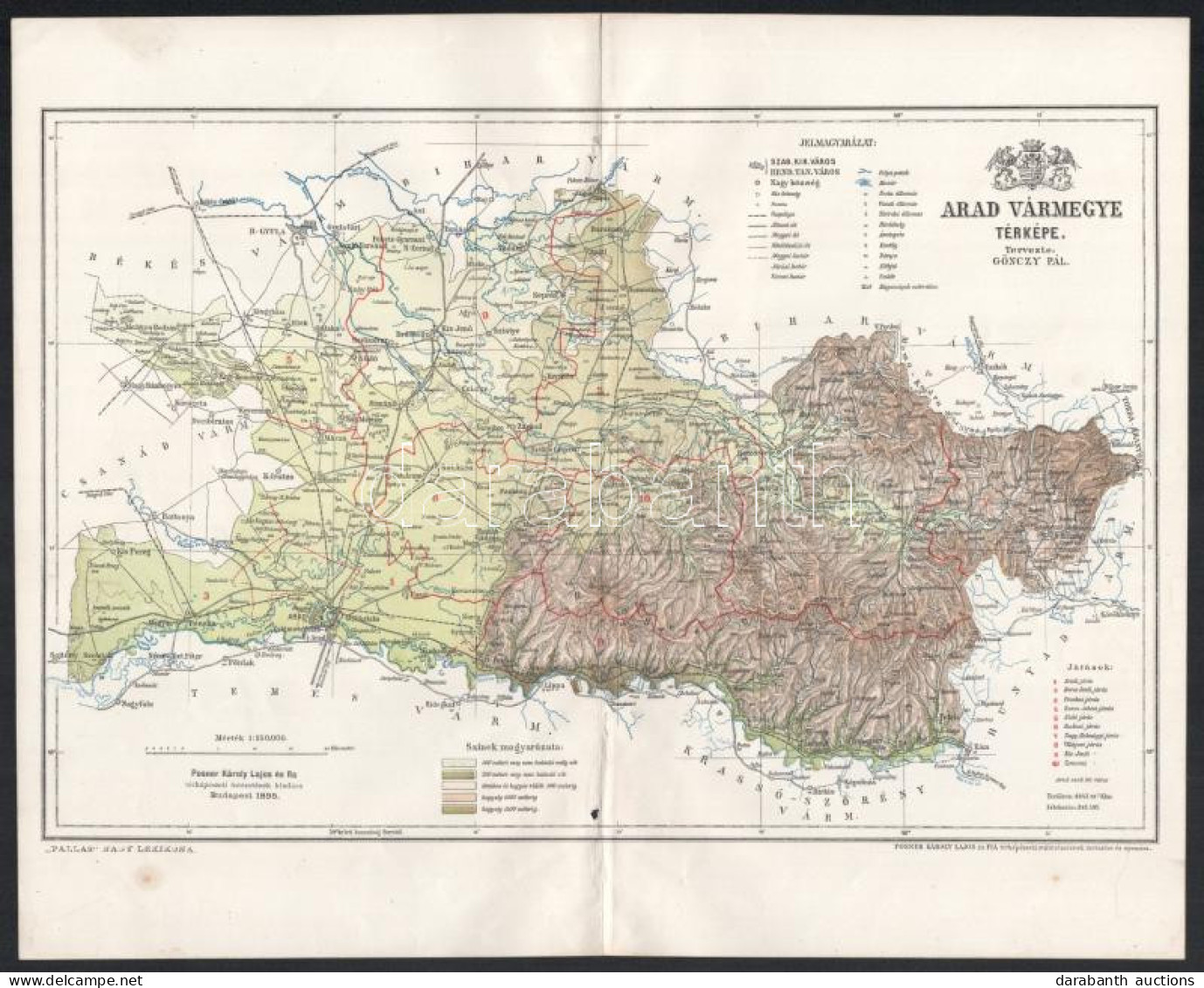 1895 Arad Vármegye Térképe, Tervezte: Gönczy Pál, 1 : 550.000, Bp., Posner Károly Lajos és Fia, A Pallas Nagy Lexikona M - Other & Unclassified