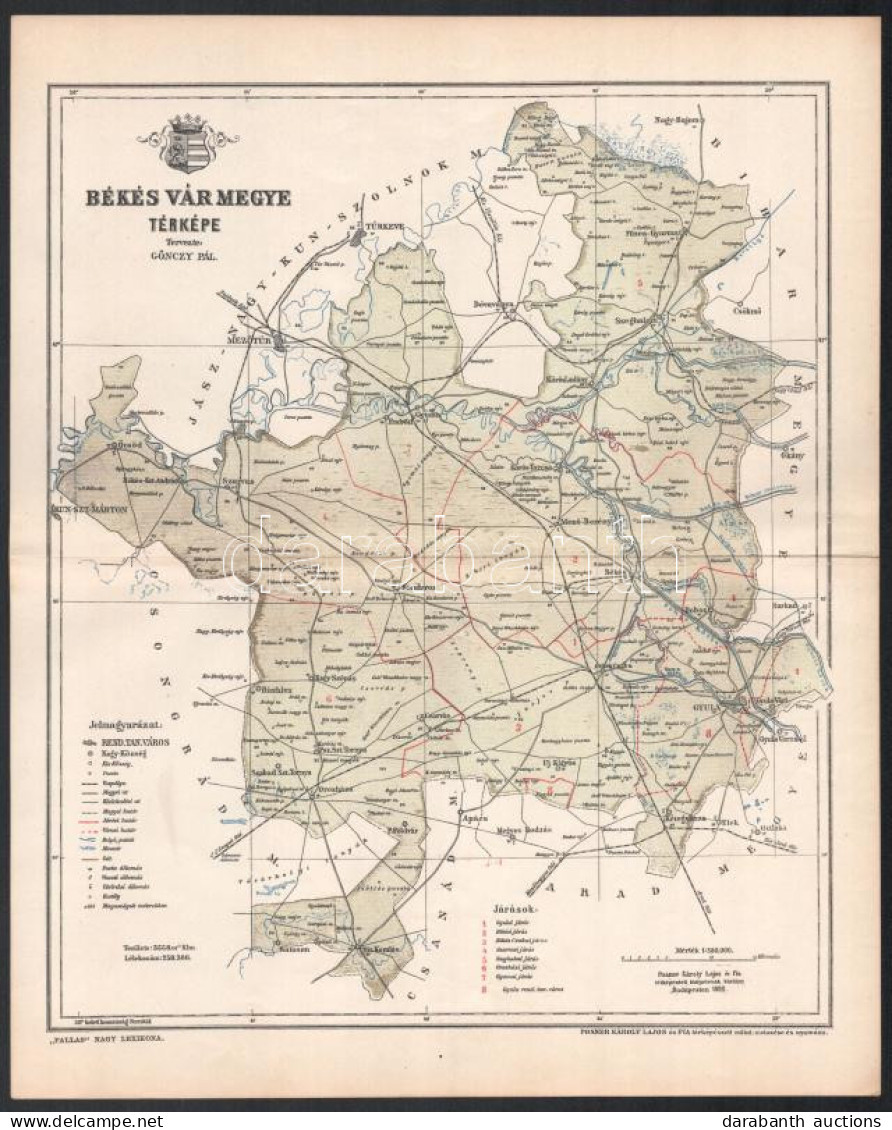 1896 Békés Vármegye Térképe, Tervezte: Gönczy Pál, 1 : 380.000, Bp., Posner Károly Lajos és Fia, A Pallas Nagy Lexikona  - Autres & Non Classés