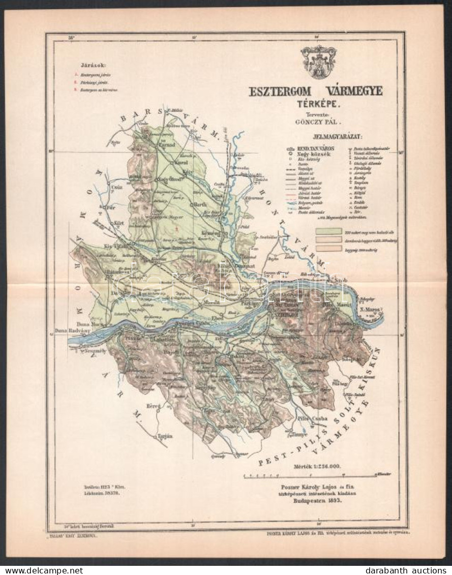 1893 Esztergom Vármegye Térképe, Tervezte: Gönczy Pál, 1 : 236.000, Bp., Posner Károly Lajos és Fia, A Pallas Nagy Lexik - Autres & Non Classés