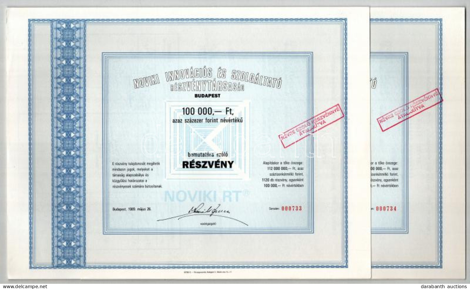 Budapest 1989. "Noviki Innovációs és Szolgáltató Részvénytársaság" Névre Szóló Részvénye 100.000Ft-ról (10x) Sorszámköve - Non Classificati