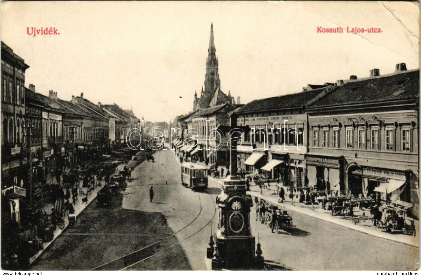 ** T3 Újvidék, Novi Sad; Kossuth Lajos Utca, Villamos, Klein és Popper üzlete, Takarékpénztár / Street View, Tram, Shops - Unclassified