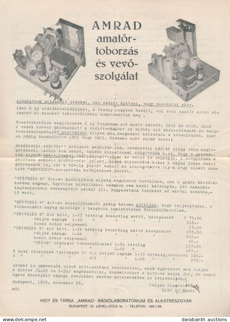 1938 Hidy és Társa "AMRAD" Rádiólaboratórium és Alkatrészgyár A4-esre Kinyitható Négy Oldalas Reklámja. Budapest, Lehel  - Non Classés