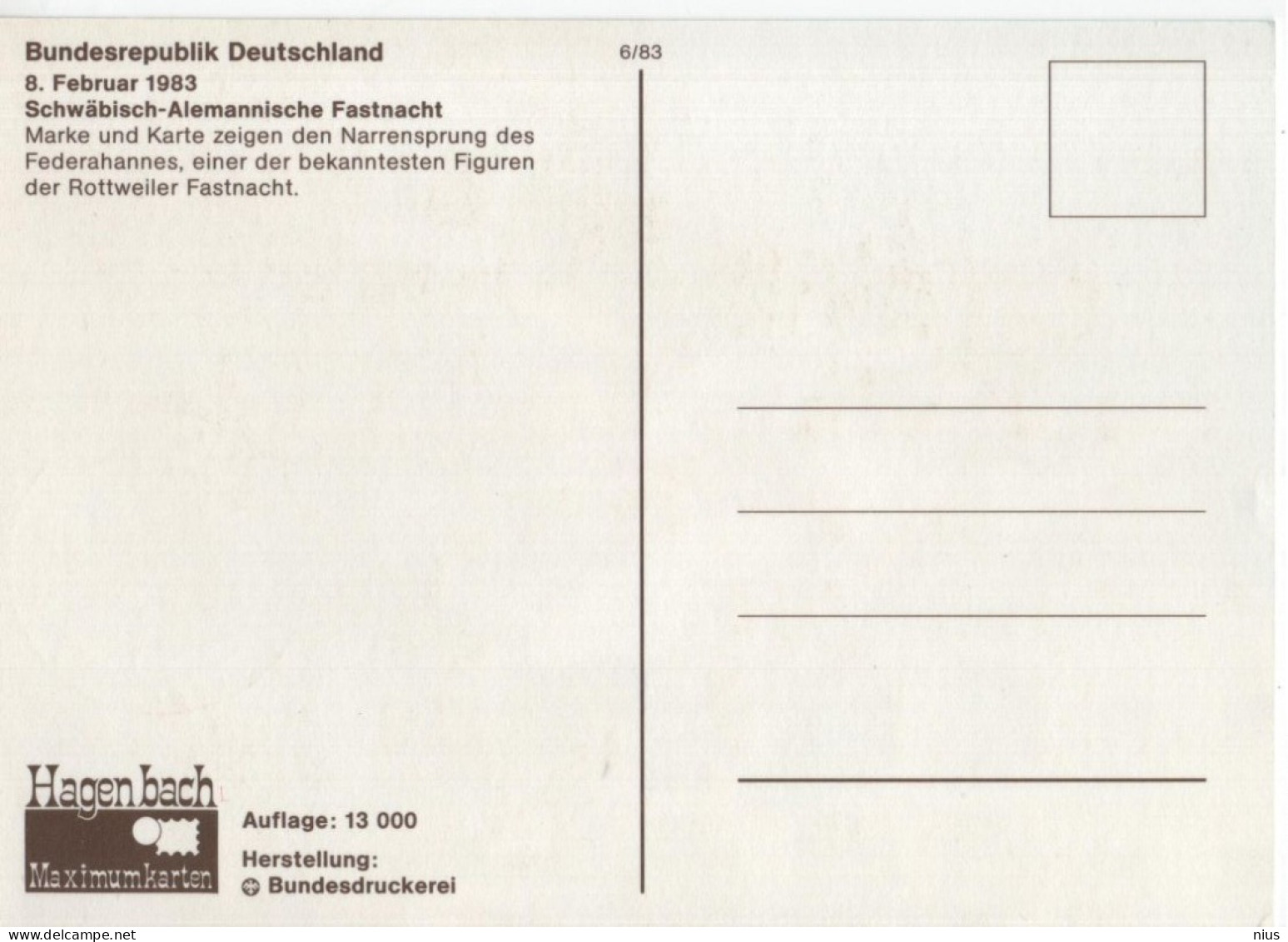 Germany Deutschland 1983 Maximum Card, Schwäbisch-Alemannische Fastnacht, Der Federahannes, Rottweiler Fasnet, Bonn - 1981-2000