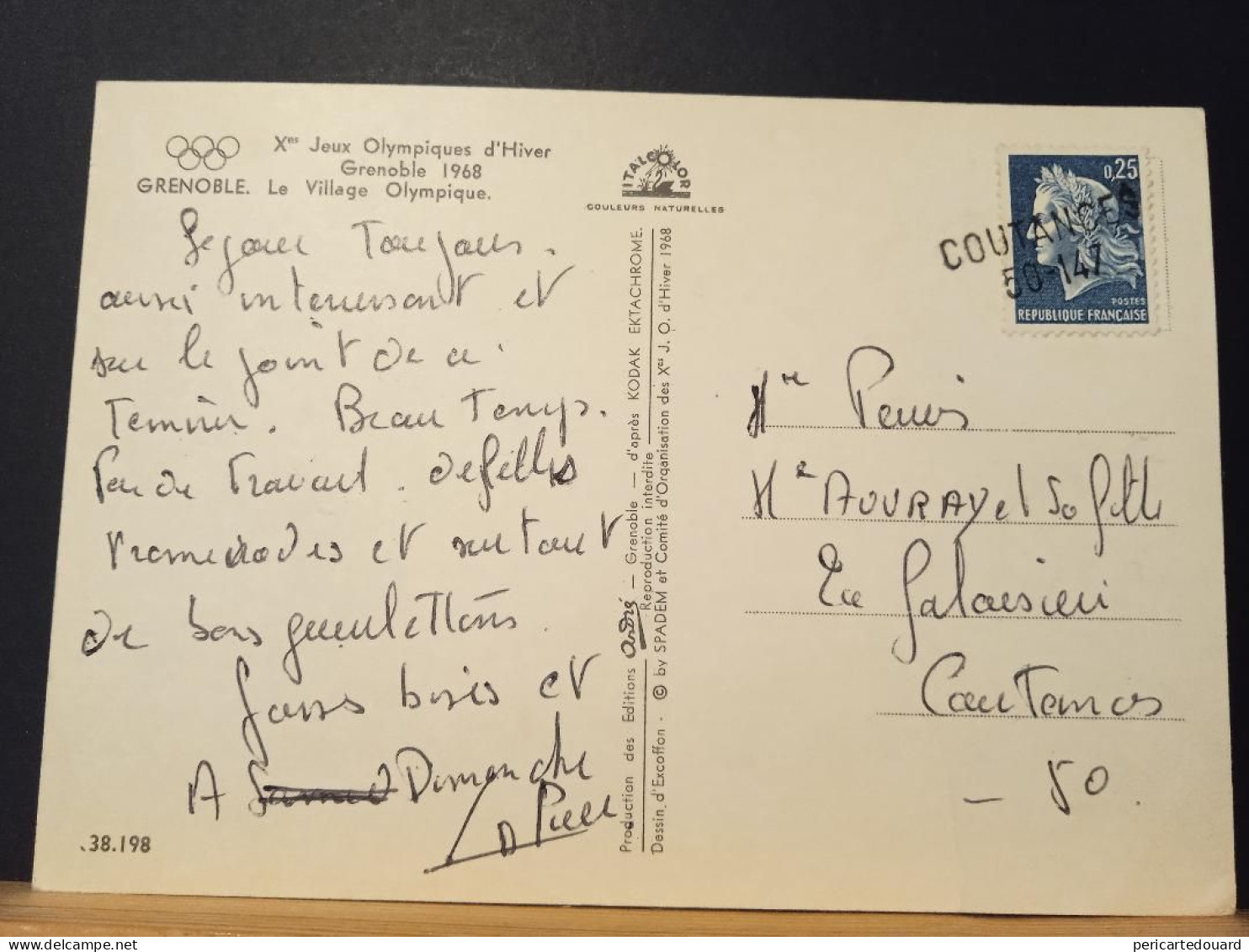 1535 Marianne De Cheffer Sur Carte Postale JO De Grenoble En 1968, Annulation D'arrivée, Coutances 50-147 - 1967-1970 Maríanne De Cheffer