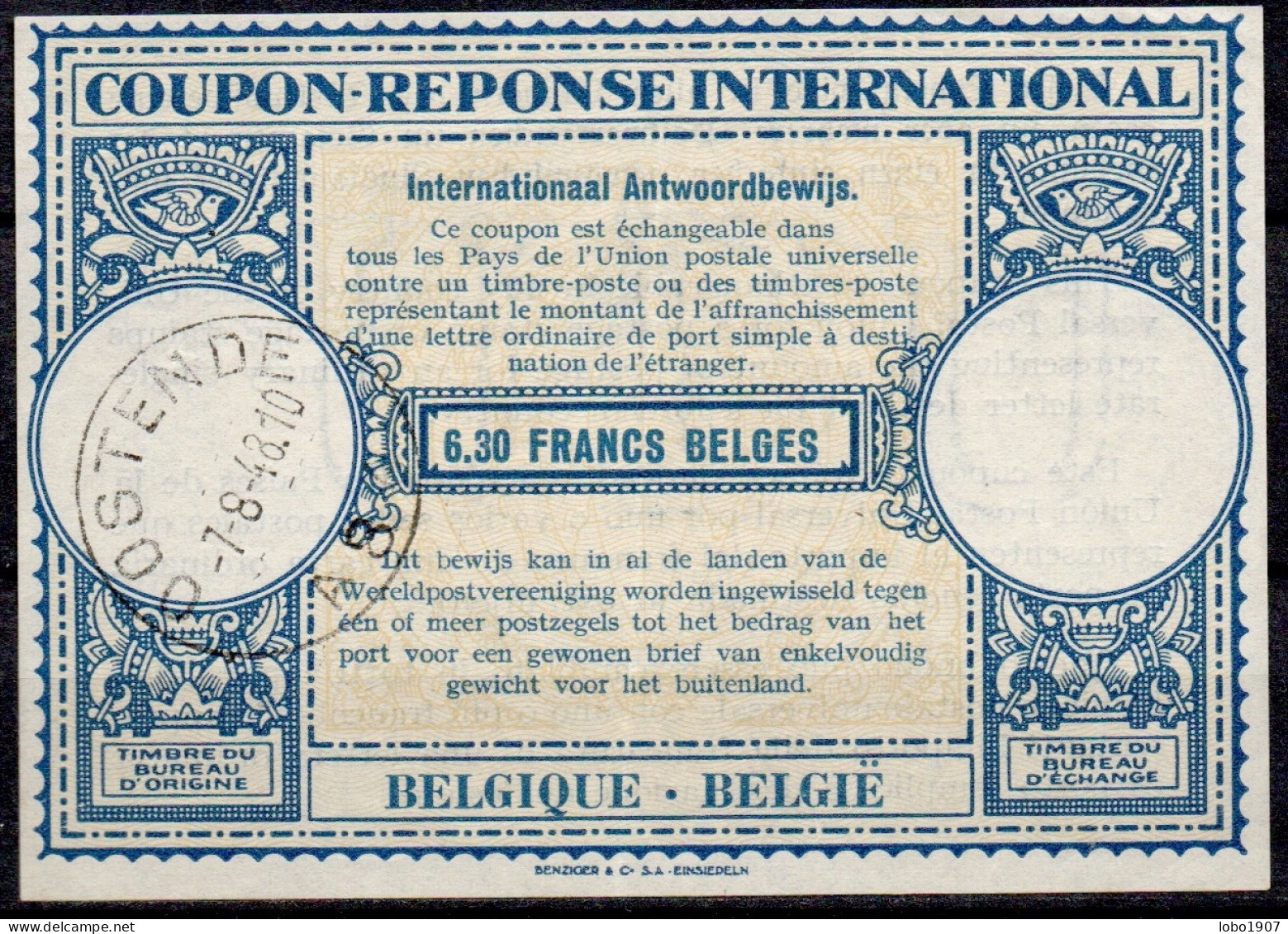 BELGIQUE BELGIE BELGIUM 1948, Lo14o  6.30 FRANCS BELGES International Reply Coupon Reponse Antwortschein IAS IRC  O BRUX - Coupons-réponse Internationaux